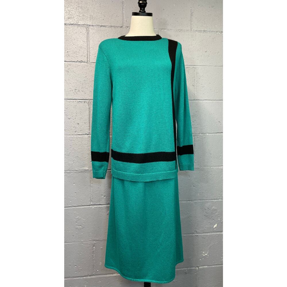 Vintage 1980s Teal Green Knit Sweater Skirt Set Midi Color Block Med